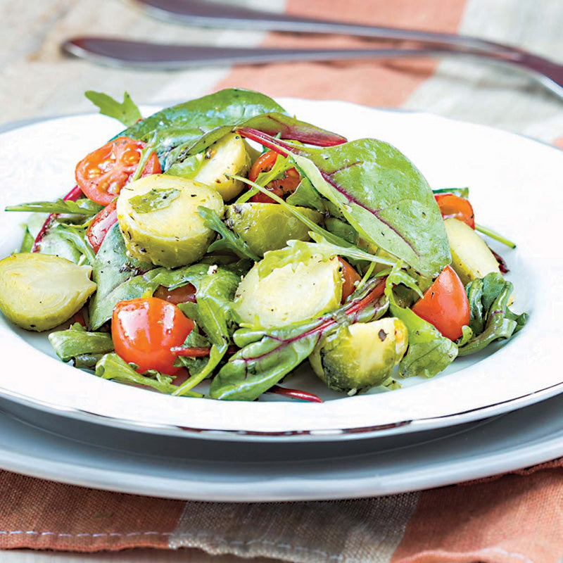 Lemon Arugula Salad With Roasted Brussel Sprouts & Roasted Tomato Bruchetta